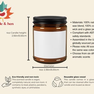 May include: A 4oz scented candle in a brown glass jar with a black lid. The candle is 2.56 inches (6.50cm) tall and 2.36 inches (6.00cm) in diameter. The label is blank. The candle is made with natural soy wax and a cotton wick.