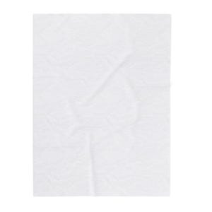 May include: A rectangular, white, textured fabric. The fabric has a slightly wrinkled appearance, with subtle shadows and folds across its surface. The overall impression is of a soft, pliable material.