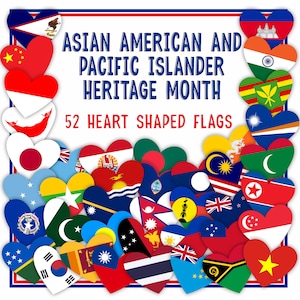 AAPI Country Herzfahnen | Bulletin Board Decor für die asiatisch-amerikanische und pazifische Inselbewohner | 52 Druckbare Flaggenverlaufsset | AANHPI