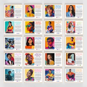 May include: A collage of 20 colorful portraits of young people with quotes about their passions and aspirations. Each portrait is framed with a colorful border and includes a short biography of the person featured.