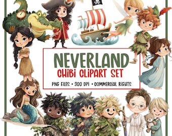 Peter Pan Neverland Chibi Clipart Set | Peter Pan Book PNGs | Tinker Bell, Lost Boys Characters | Cute Art for Stickers, Printables & Crafts