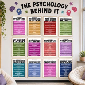 May include: A set of twelve educational wall posters titled The Psychology Behind It, arranged in a grid. Each poster features a unique color, a question about human behavior, and explanatory text. The posters are framed in light wood.