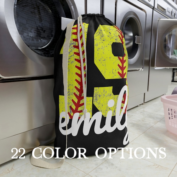 Softball Laundry Bag | Custom Number Team Player Hamper Bags | Travel Team Personalized Dirty Clothes Storage | Tournament Hotel Wash