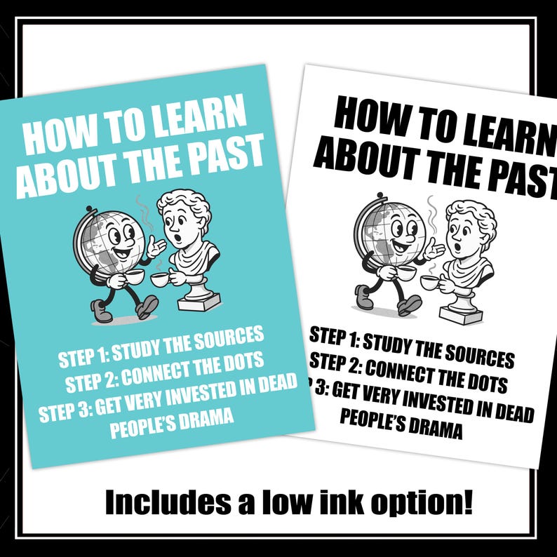 Pu&ograve; includere: Due stampe con il testo "COME IMPARARE IL PASSATO" e illustrazioni di un globo e un busto. I passaggi sono: Studia le fonti, Collega i puntini e Investi molto nel dramma dei morti. Include un'opzione a basso inchiostro.