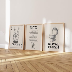Grappige badkamerkunstprintset | Tweeën, royal flush, huisregels | Digitale wanddecoratie pokerspeelkaart | Afdrukbare badkamerhumor