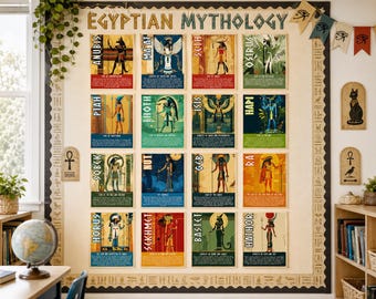 Puede incluir: Una exhibición en el aula con carteles sobre la mitología egipcia. Los carteles muestran varias deidades como Anubis, Ma'at y Osiris, con ilustraciones y texto vibrantes. La exhibición está enmarcada con bordes y pancartas decorativas.