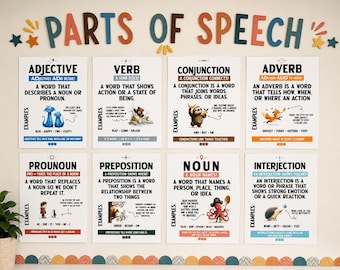 Parts of Speech Bulletin Board Posters | Grammar Classroom Decor | ELA Anchor Chart Poster Set | Elementary Literacy Mnemonics with Animals