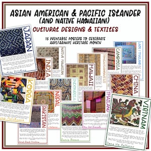 Könnte beinhalten: Ein Satz von 15 druckbaren Postern zur Feier des Asian American and Pacific Islander Heritage Month. Jedes Poster zeigt ein anderes kulturelles Design und Textil aus einem bestimmten Land oder einer bestimmten Region, darunter Japan, Korea, Indien, Pakistan, Nepal, Indonesien, Hawaii, Kambodscha, Thailand, Laos, Vietnam und China. Die Poster sind farbenfroh und optisch ansprechend und wären eine großartige Ergänzung für jedes Klassenzimmer oder Zuhause.