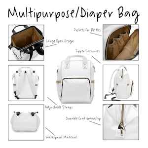 May include: White multipurpose diaper bag with multiple pockets, zipper enclosures, and adjustable straps. Features a large open design and durable craftsmanship. The bag is made of waterproof material. Text on the image reads "Multipurpose/Diaper Bag".