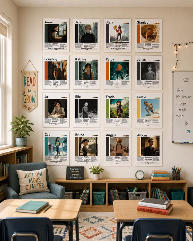 Puede incluir: Un aula con carteles de pel&iacute;culas enmarcados con nombres de personajes como Anne, Tris y Katniss. Una pancarta dice "Read to Grow". Un coj&iacute;n dice "Just One More Chapter". Estanter&iacute;as, escritorios y una pizarra.