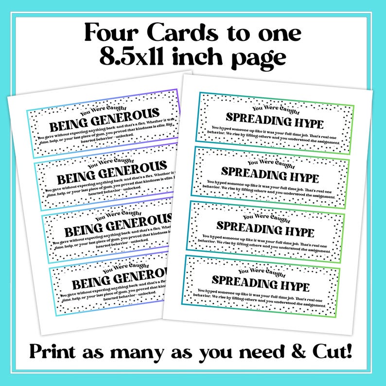 May include: Printable cards on an A4 page. The cards feature the phrases "Being Generous" and "Spreading Hype". Each card has a dotted border with a colour gradient. The text "Print as many as you need & Cut!" is at the bottom of the page.
