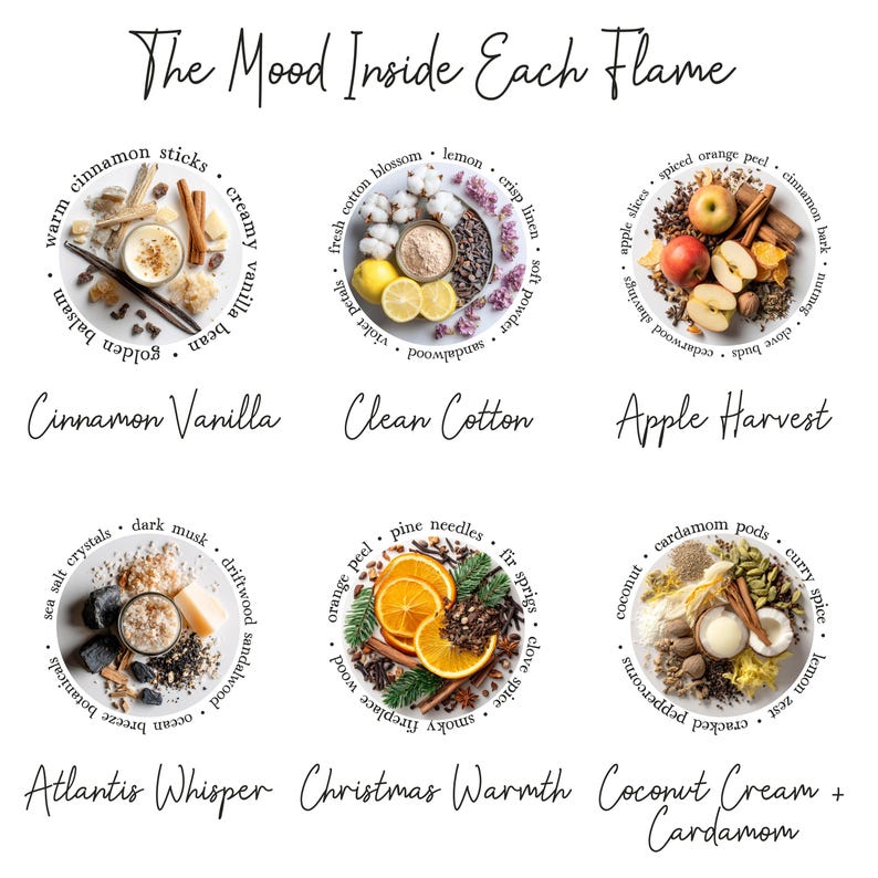 May include: A graphic titled The Mood Inside Each Flame displaying six circular arrangements of ingredients. Scents include Cinnamon Vanilla, Clean Cotton, Apple Harvest, Atlantis Whisper, Christmas Warmth, and Coconut Cream + Cardamom.