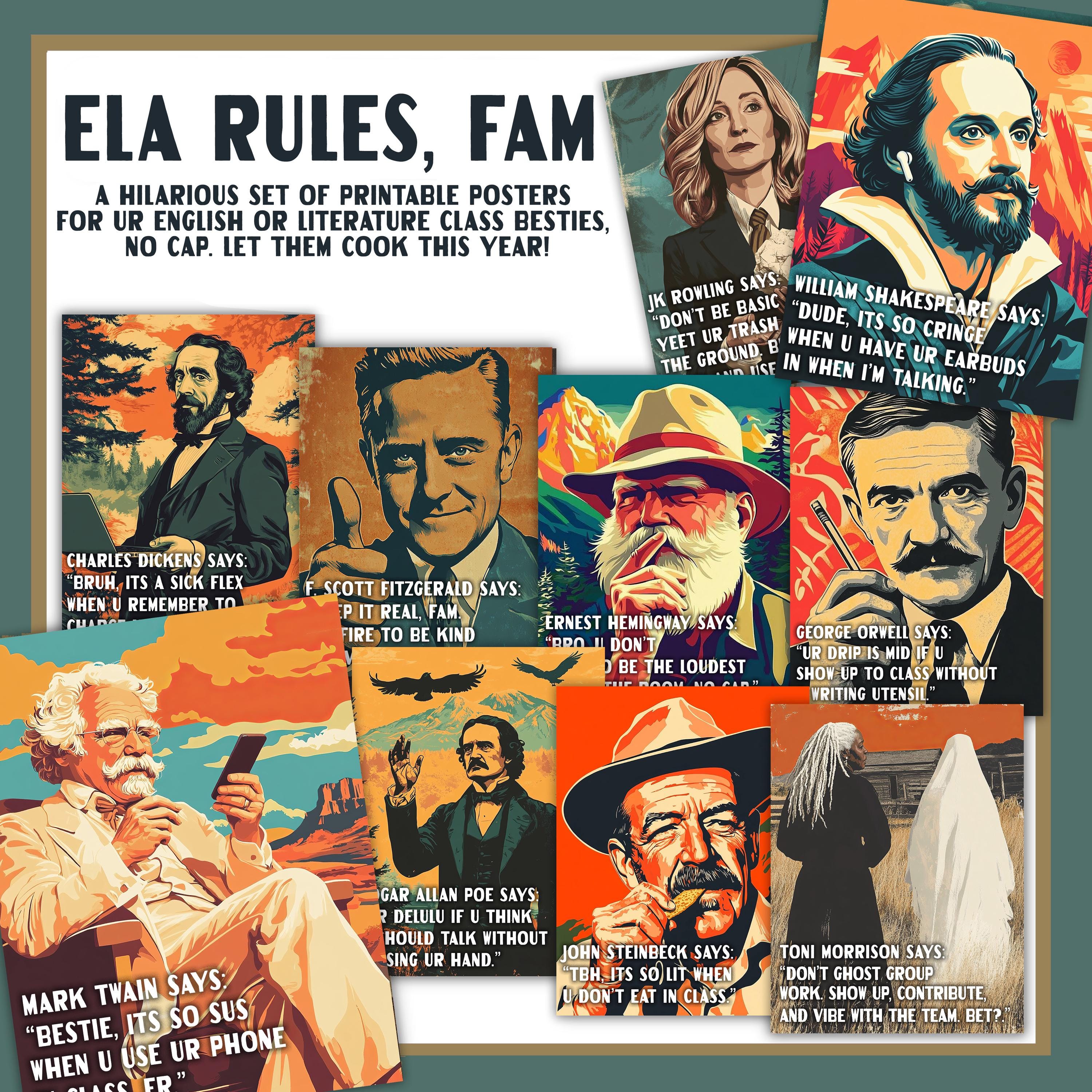 Funny ELA Class Rules Posters | English Literature Class Slang Bulletin Board Poster, High School Middle School Teacher Poster Decor Bundle