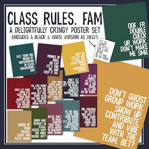 Carteles divertidos con reglas de clase / Carteles para tablones de anuncios con jerga para profesores de secundaria y preparatoria / ELA, matemáticas, literatura, ciencias, enseñanza / Regreso a la escuela