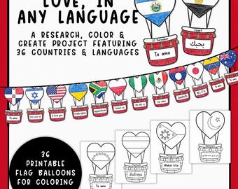 Love in Any Language Project | Multicultural Flag Research Activity | ELL ENL World Cultures Bulletin Board | Valentine’s Day Class Banner
