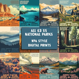 WPA-Inspired US National Park Digital Poster Collection | Vintage Printable Wall Art, Full Set of 63 Posters for National Parks Decor Bundle
