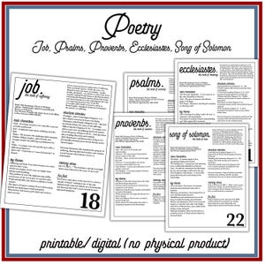 Pu&ograve; includere: Download digitale stampabile di cinque guide di studio biblico. Ogni guida presenta un design in bianco e nero con il titolo del libro, "Il Libro di..." e informazioni chiave sul libro, inclusi i personaggi principali, i temi, i versetti chiave e la struttura. I titoli sono Giobbe, Salmi, Proverbi, Ecclesiaste e Cantico dei Cantici. Le guide sono numerate 18 e 22.