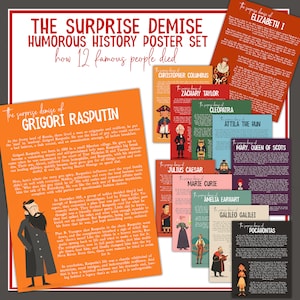 Funny History Posters | Famous People&#39;s Deaths Social Studies Bulletin Board Poster Set | Social Studies Classroom | Surprise Demise