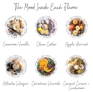 May include: An image showcasing six different fragrance blends, each presented on a white plate with ingredients like cinnamon sticks, cotton blossoms, and apple slices. The text "The Mood Inside Each Flame" is at the top, with each blend's name below.