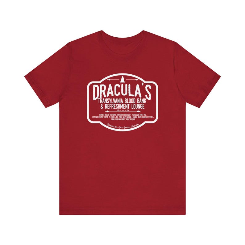Dracula Shirt | Transylvania Blood Bank Tee | Classic Horror Literary TShirt | Vampire Humor Gift, Gothic Book Lover Dark Academia Aesthetic Canvas Red