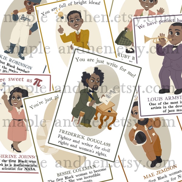 Cartões de Dia dos Namorados com temática da História Negra | Cartões digitais para imprimir com temática afro-americana para o Dia dos Namorados | Conjunto de 1 cartão digital para download com tema de menino e menina negros