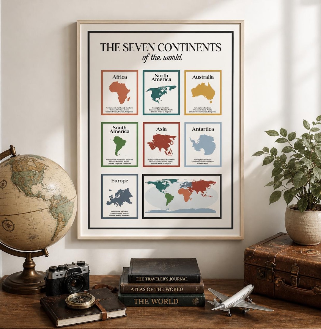 Seven Continents World Map Poster | Minimal Geography Printable | 7 ...