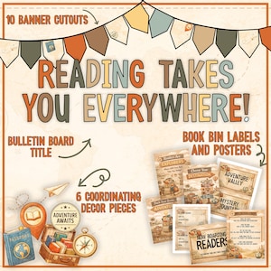 May include: A classroom bulletin board set featuring the text READING TAKES YOU EVERYWHERE, 10 banner cutouts, 6 travel-themed decor pieces including a passport, compass, and suitcase, plus book bin labels and posters with adventure-themed graphics.
