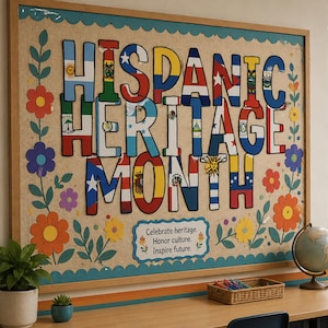 May include: A bulletin board with the words "HISPANIC HERITAGE MONTH" in colorful letters, each decorated with flags. The board is adorned with floral cutouts and the text "Celebrate heritage. Honor culture. Inspire future."