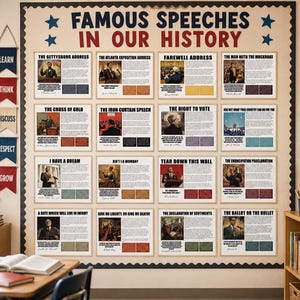 Peut inclure: Une exposition en classe de posters encadrés présentant des discours célèbres de l'histoire. Les titres incluent "The Gettysburg Address" et "I Have a Dream". L'exposition est décorée de bannières et d'un drapeau américain. Le texte "Famous Speeches in Our History" est en haut.