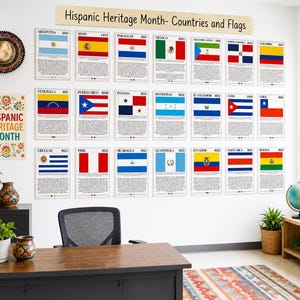 Może przedstawiać: Ścienna ekspozycja składająca się z osiemnastu plakatów edukacyjnych zatytułowanych Hispanic Heritage Month- Countries and Flags, z których każdy przedstawia flagę narodową i tekst historyczny. Dołączono osobny plakat z motywami kwiatowymi i napisem Hispanic Heritage Month.