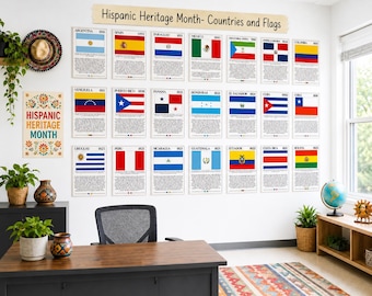 Hispanic Heritage Month Flag Bulletin Board | Hispanic Country Poster Set | Middle School Decor Set | Fun Flags Posters & Bios | September