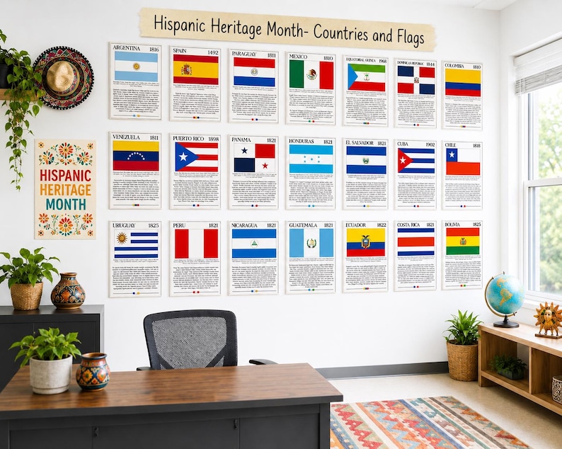May include: A wall display featuring eighteen educational posters titled Hispanic Heritage Month- Countries and Flags, each showcasing a national flag and historical text. A separate poster with floral motifs and the text Hispanic Heritage Month is included.