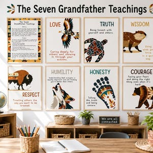 7 Sacred Teachings for Kids | Seven Grandfather Teachings Posters | Indigenous Animals Poster Set Art | 7 Native American Bulletin Board