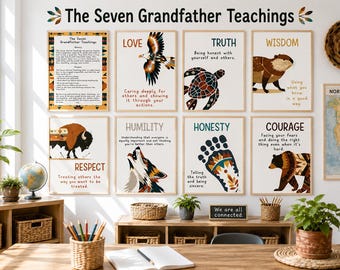 7 Sacred Teachings for Kids | Seven Grandfather Teachings Posters | Indigenous Animals Poster Set Art | 7 Native American Bulletin Board