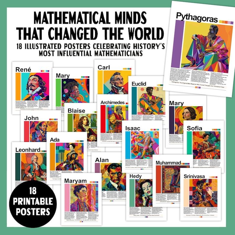 Mathematicians Portrait Famous Mathematicians Posters Set | Printable Math History Bulletin ...