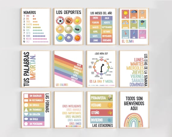Sinload Spanische Lern-Poster Set – 16 Stück, 30 X 20 Cm, Zweisprachig (Spanisch/Englisch)