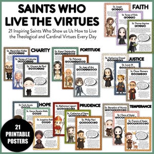 Saint Virtues Bulletin Board Set | Catholic Saints Theological and Cardinal Virtues Posters for Religious Back to School Classroom Decor
