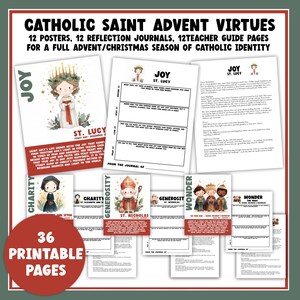 Puede incluir: Un conjunto de 36 páginas imprimibles para las Virtudes Católicas del Adviento. La imagen muestra carteles, diarios de reflexión y páginas de guía para profesores. Incluye ilustraciones de santos y las palabras "Alegría", "Caridad", "Generosidad" y "Maravilla".
