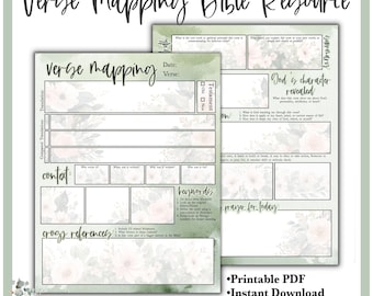 May include: A printable PDF Bible study resource with a floral design. The pages include sections for verse mapping, context, keywords, and cross-references. Text on the page includes "Verse Mapping Bible Resource", "Printable PDF", and "Comes in three sizes."