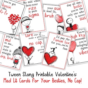 Slang Gen Alpha Printable Valentines | Cartões de Dia dos Namorados para crianças pré-adolescentes | Funny Aura Classroom Valentine | 5th Grade Rizz School Valentines
