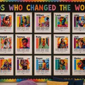 May include: A bulletin board displays posters of 'Kids Who Changed the World.' Each poster features a portrait and name, including Malala, Joan, William, and others. Colorful accents and inspirational messages surround the posters.
