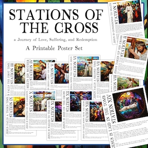 Stations of the Cross Poster Set | 14 Printable Posters for Lent and Easter | Catholic Digital Download Bulletin Board | Jesus Printables