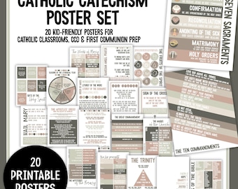 May include: A set of 20 Catholic catechism posters featuring educational content like The Ten Commandments, The Seven Sacraments, and various prayers. The posters use a muted color palette of beige, brown, and white with clear black text.