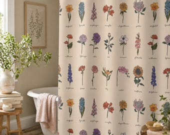 Illustrated Wildflower Shower Curtain | Hand Drawn Floral Chart Bathroom Decor | Wildflowers Bath Mat Curtains | Florals Trendy Graphic Gift