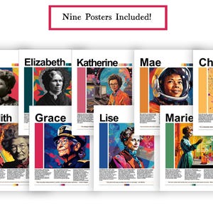 May include: Nine posters featuring portraits of notable women, each with a name and a quote. The posters have a colorful, stylized design with a vertical color block on the side. The text "Nine Posters Included!" is at the top.