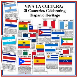 Hispanic Heritage Month Flag Bulletin Board | Hispanic Country Poster Set | Middle School Decor Set | Fun Flags Posters & Bios | September