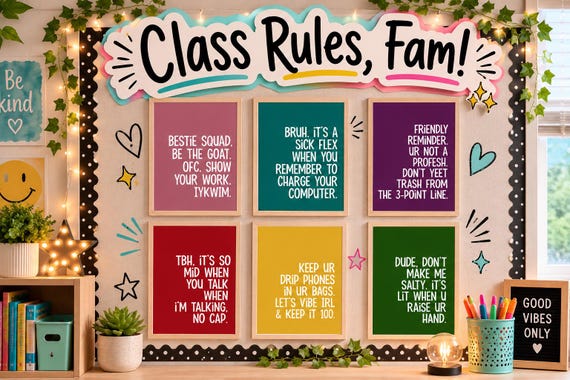 Funny Class Rules Posters | Middle & High School Classroom Slang Decor | Teacher Bulletin Board Set for ELA Math Science Back to School
