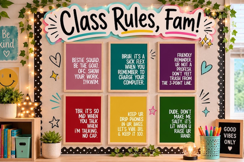 Op de afbeelding: Een prikbord voor in de klas met de titel Class Rules, Fam! met zes kleurrijke posters met slangteksten. De posters zijn roze, groenblauw, paars, rood, geel en groen, elk ingelijst in hout en gemonteerd op een zwart-witte rand.