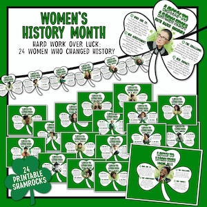 Puede incluir: Un conjunto de 24 tréboles imprimibles para el Mes de la Historia de las Mujeres. Cada trébol verde presenta un retrato e información sobre una mujer que cambió la historia. El texto incluye "Hard Work Over Luck: 24 Women Who Changed History."