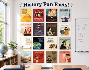 May include: A wall display featuring sixteen rectangular posters titled History Fun Facts! with colorful illustrations and text detailing historical events, including the Great Pyramid, Julius Caesar, the White House, and various other facts.